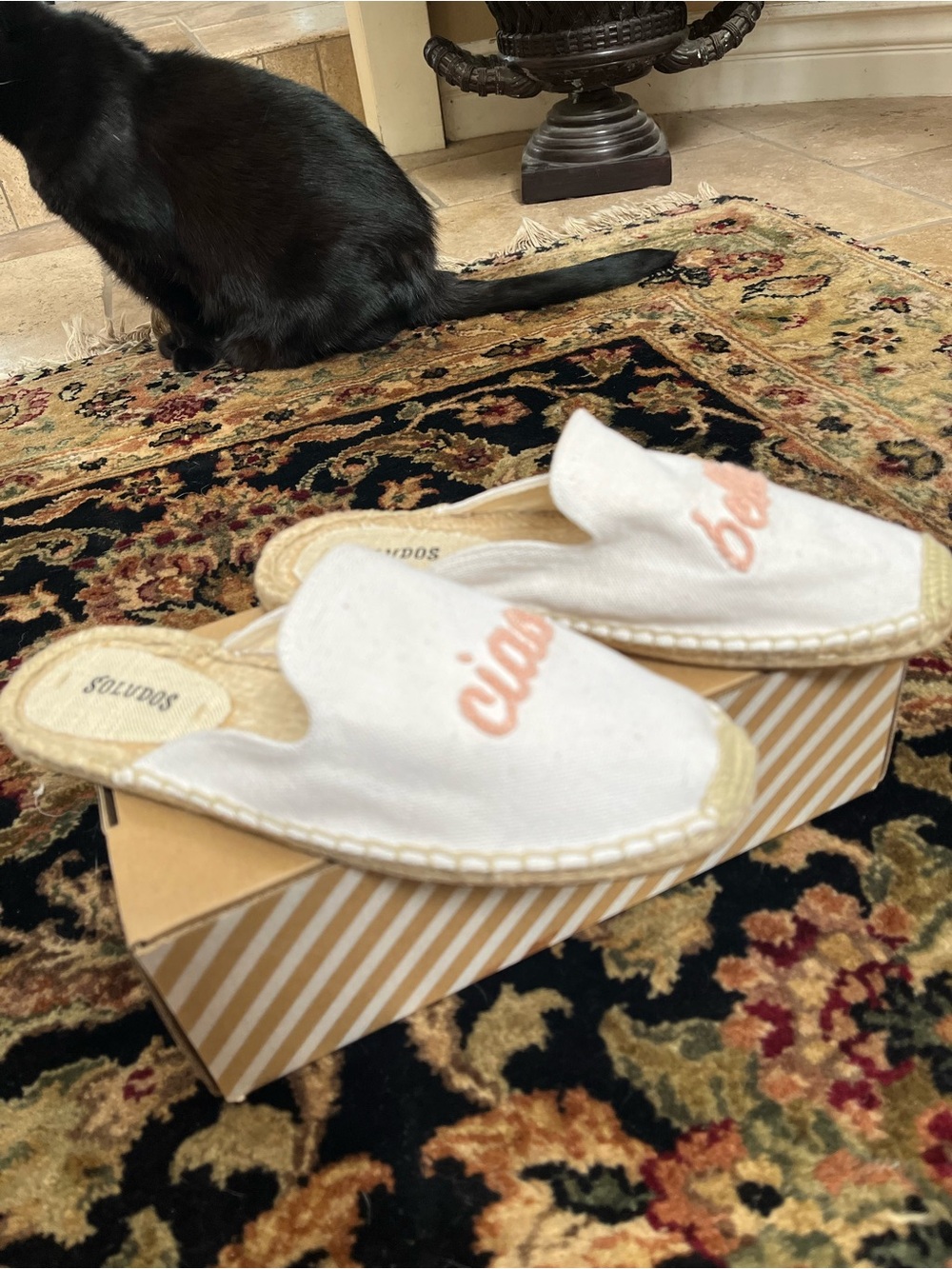 Soludos White Canvas Espadrille Mules with Pink Script Accent